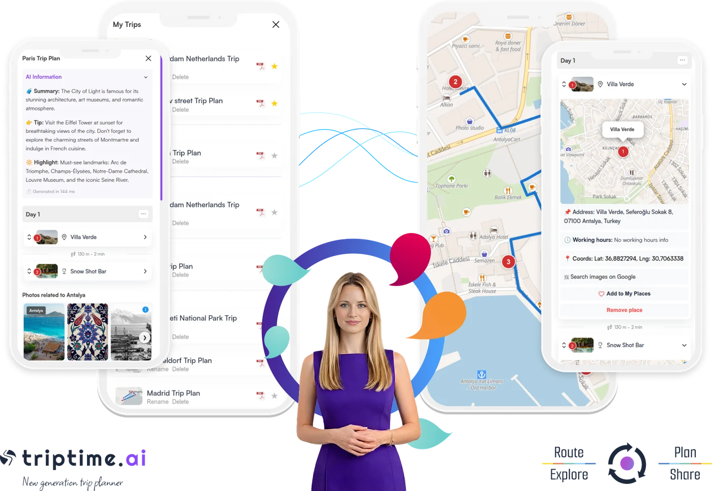 Triptime AI on phone screens with Mira, the AI travel assistant